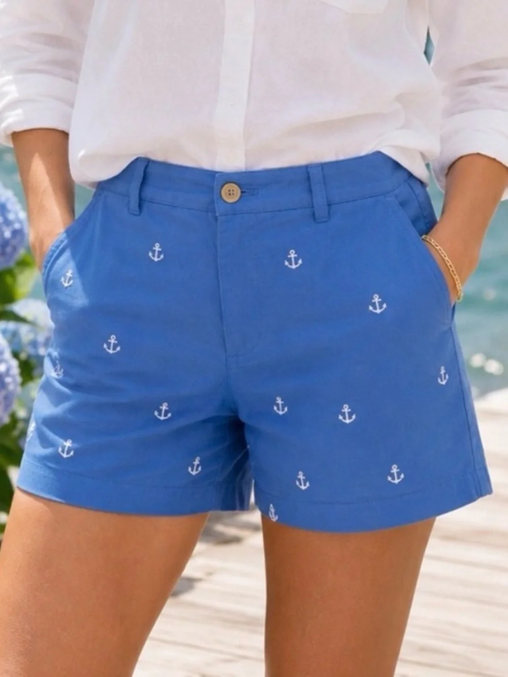 NWT J.Crew Chino Shorts Blue Nautical Anchor Embroidered Size 0 Coastal Preppy